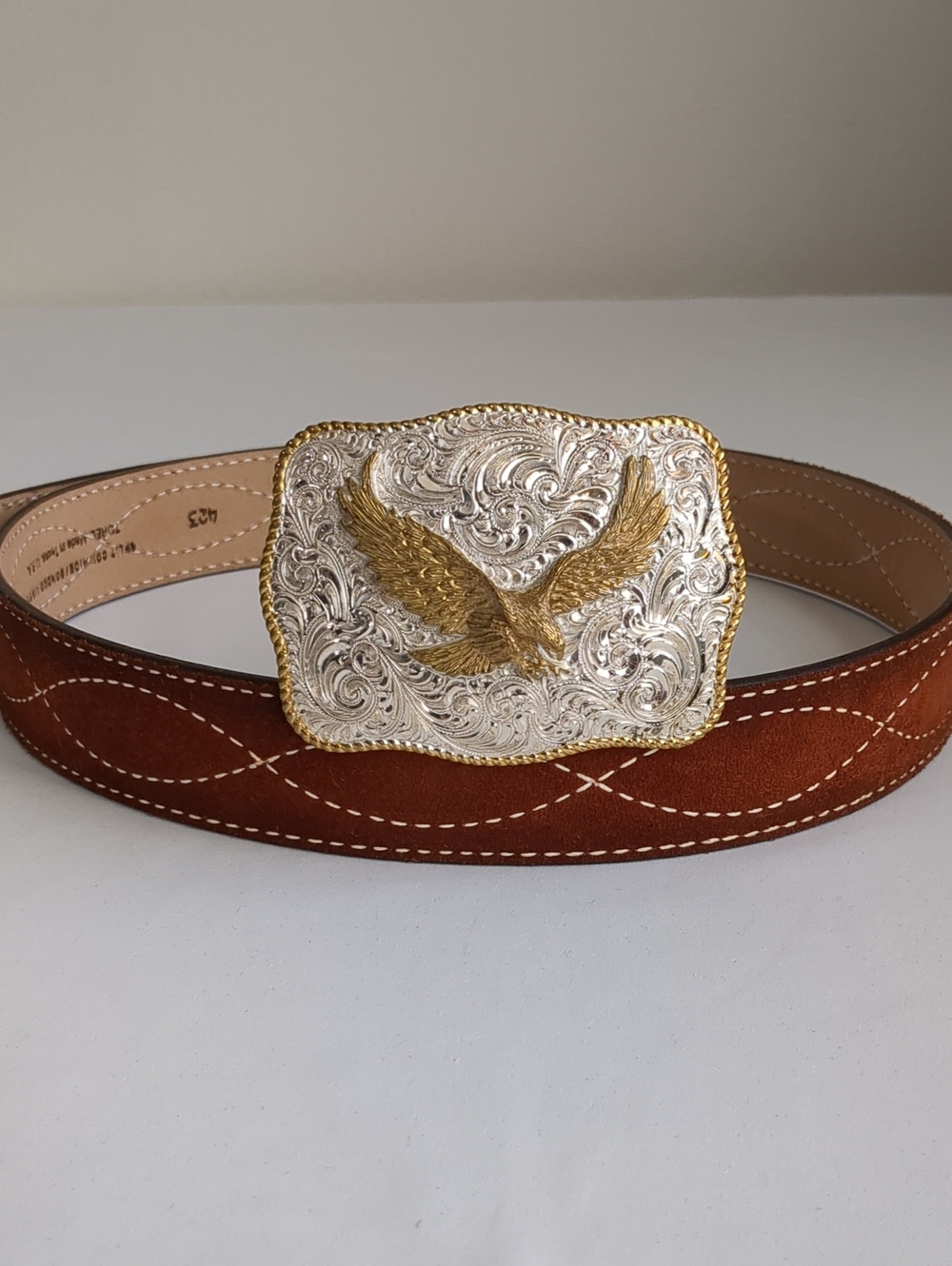 Vintage Western Belt With Eagle Silver Plated Buckle Split Cowhide Sz 54 Inch